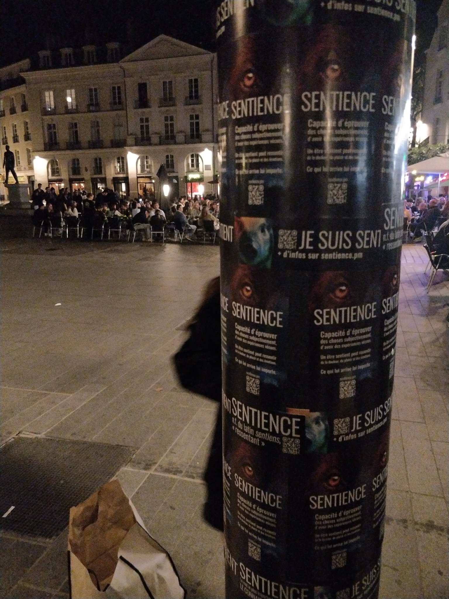 Poteau recouvert de stickers pour faire connaitre la sentience par le site sentience.pm