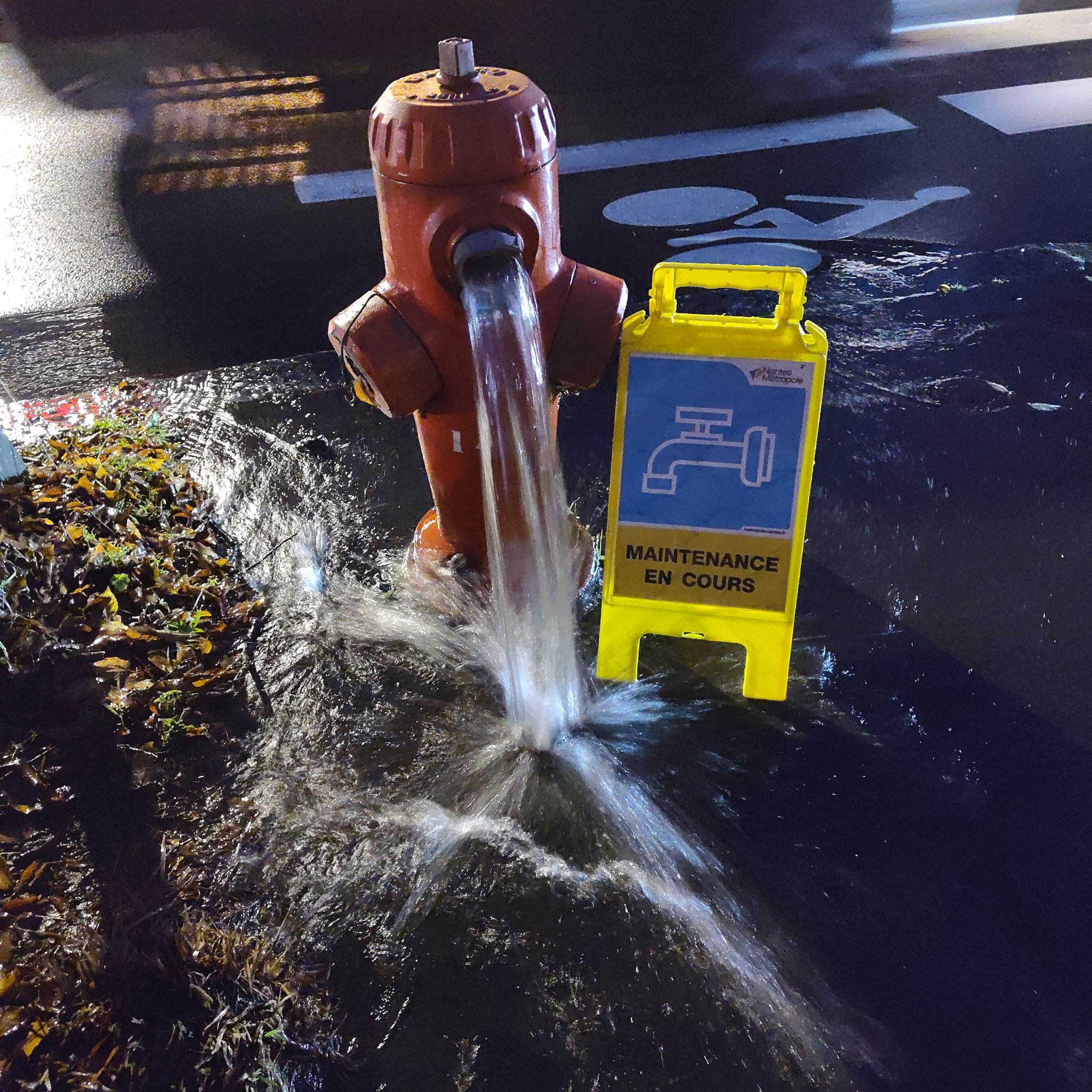 Photo d’un borne à incendie ouverte dans le vide à coté d’un panneau « maintenance en cours »
