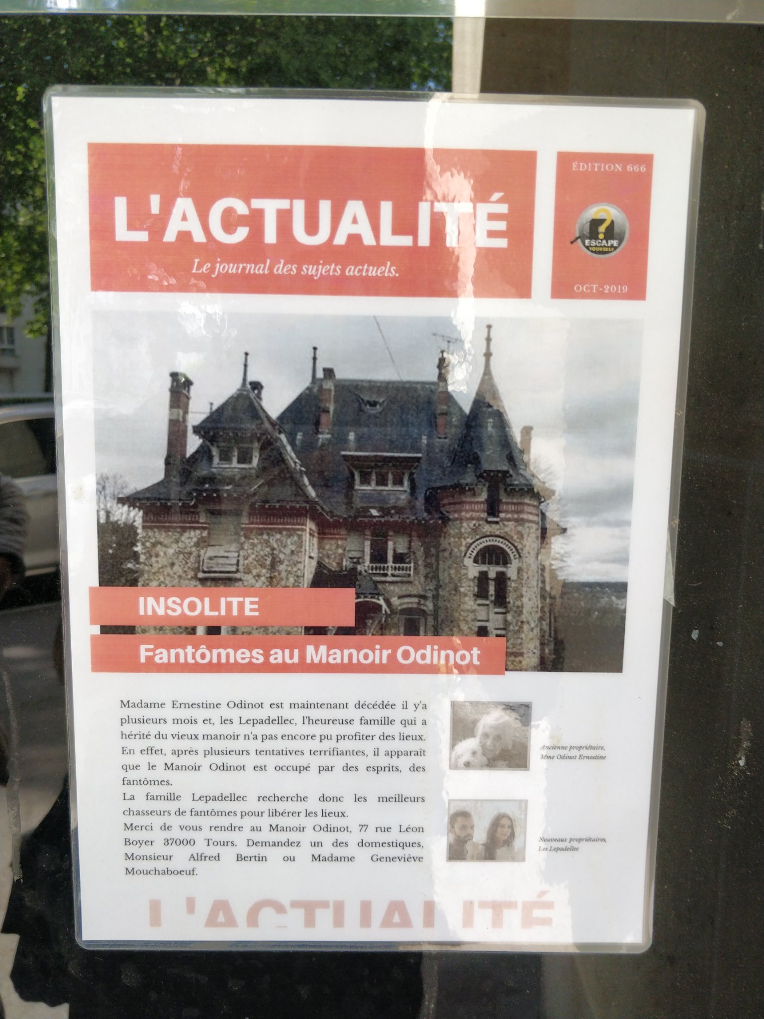 Faux article de journal qui est le point de départ de l’escape‑game « Ernestine 2 : L’origine du mal »