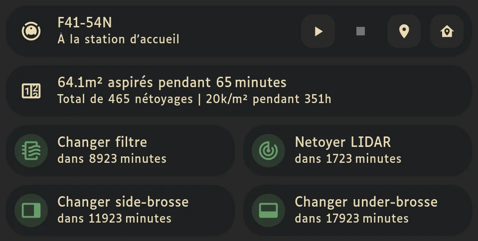 Une carte mushroom d’action d’aspirateur robot.

Suivie d’une carte template indiquant :
64.1m² aspirés pendant 65 minutes
Total de 465 nétoyages | 20k/m^€ pendant 351h

Puis 4 cartes templates indiquant :
Changer filtre dans 8923 minutes.
Netoyer LIDAR dans 1723 minutes.
Changer side-brosse dans 11923 minutes.
Changer under-brosse dans 17923 minutes.
