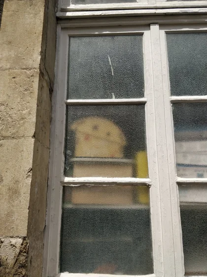 Photo de carton empilé derrière une fenêtre au verre occultant. Dans la vision floue, on croit voire une sorte de Pikachu, comme si c’était un Mimqui.